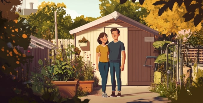 Illustration d'un coupe heureu de leur achat de cabanon