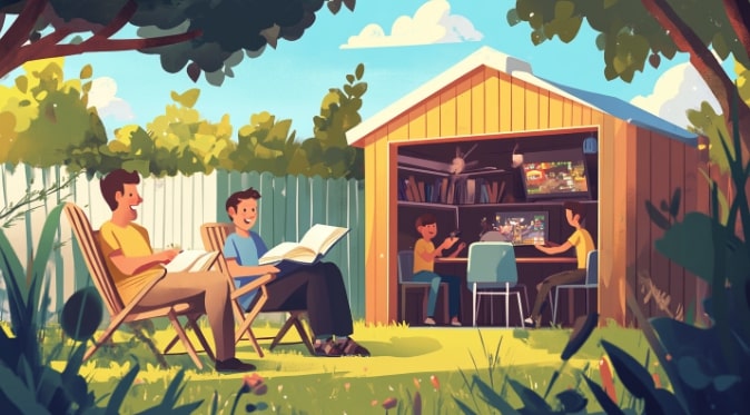 Illustration d'une famille qui profite de la cour arrière et du cabanon